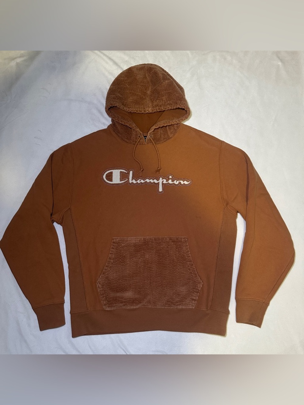Champion Corduroy Hooded Sweatshirt in Chestnut Brown Size Large